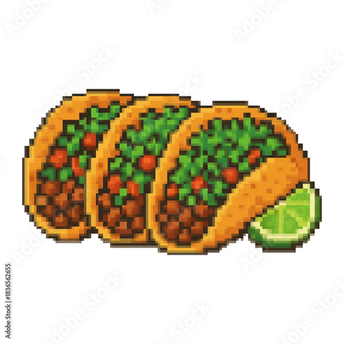 pixel taco icon. Vector pixel art food 8 bit logo for game