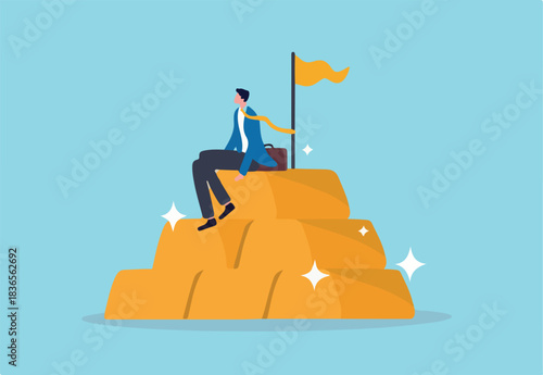 Gold investment, safe haven in financial crisis or wealth management and asset allocation concept, businessman success wealth manager, trader or rich investor sitting on stack of gold bar bullion.