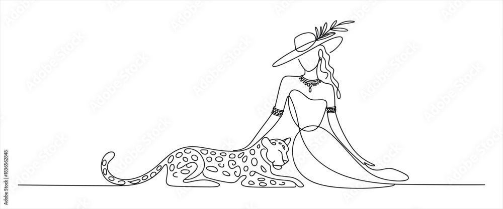 Obraz premium Elegant woman with hat and cheetah oneline art design
