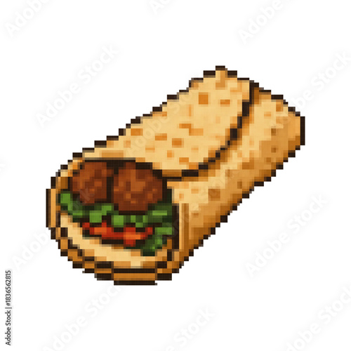 Pixel Art Kebab and Falafel Wrap Set. A set of two pixel art illustrations of a Middle Eastern or Mediterranean wrap, such as a kebab, shawarma, or falafel wrap.