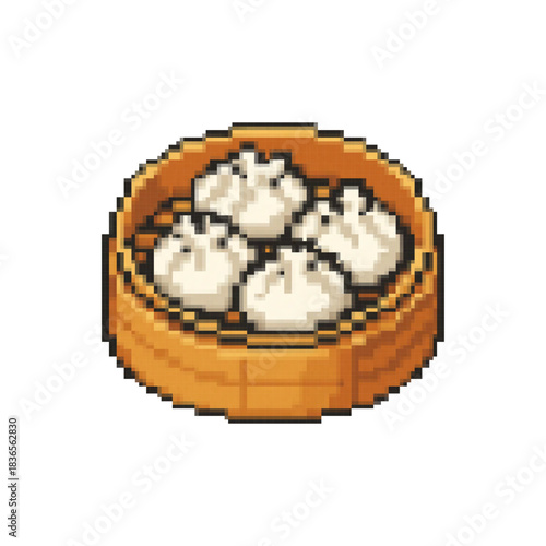 Pixel Art Steamed Dumplings in Bamboo Steamer Retro Gaming Food Illustration
