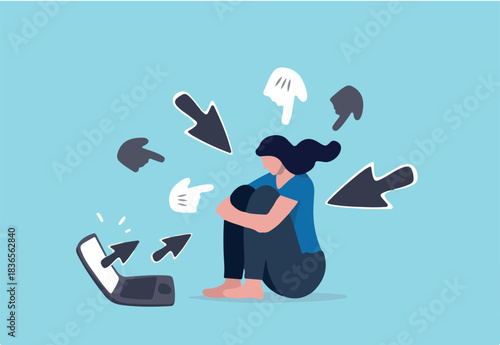 Cyber bullying, internet abuse or online troll, social media problem with hater comments concept, depressed teenager girl sitting alone with computer laptop and mouse hand cursors pointing on her