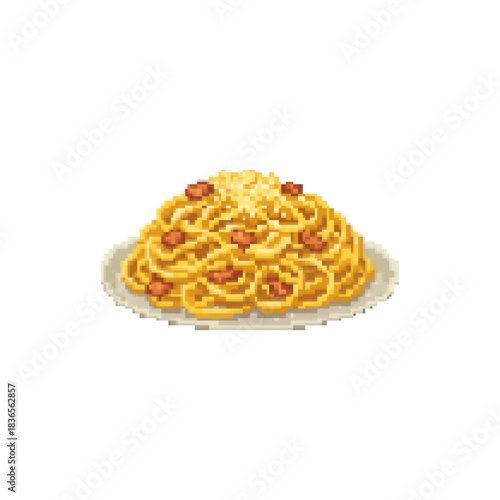 Pixel Art Spaghetti carbonara Plate. 8 bit. Game development, mobile app. Isolated vector illustration.