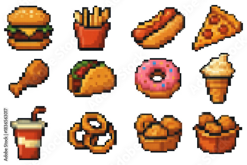 Pixel art fast food icons including burger, fries, pizza, and soda