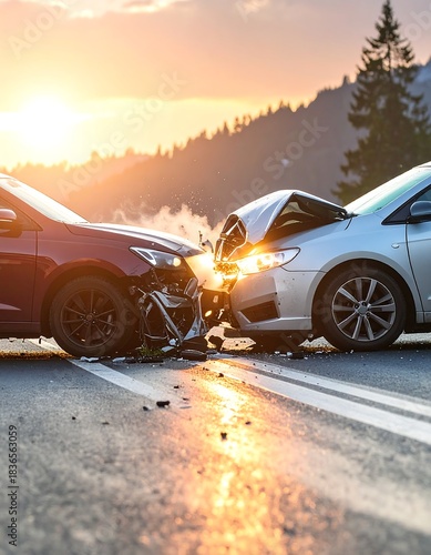 Two cars crashed head-on on a road at sunset