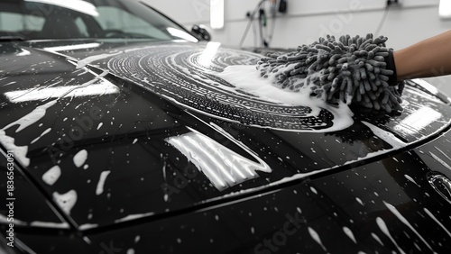 Closeup of a persons hand wearing a microfiber wash mitt, actively scrubbing soap suds onto the glossy black hood of a modern car during a detailed washing process