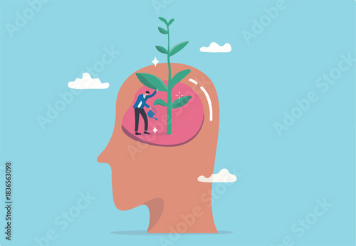 Growth mindset, personal development or improvement, training to believe to success, motivation or coaching, growing attitude concept, man watering on plantation seedling growing from head brain.