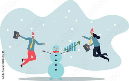 A cheerful snowman and managers. Winter corporate party concept.