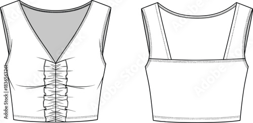 Ruched front crop top fashion template with deep V neckline and wide straps, garment technical sketch, cad drawing flat vector illustration design