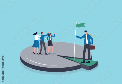 Niche market, small focused group of consumer or audience, unique or specific group of customers concept, businessman standing on small area of pie chart metaphor of niche market segment.