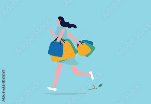 Shopping at retail store, happiness and joyful of buying discount stuff, shopaholic or fashionable concept, stylish cheerful lady woman walking and carrying lot of shopping bags.