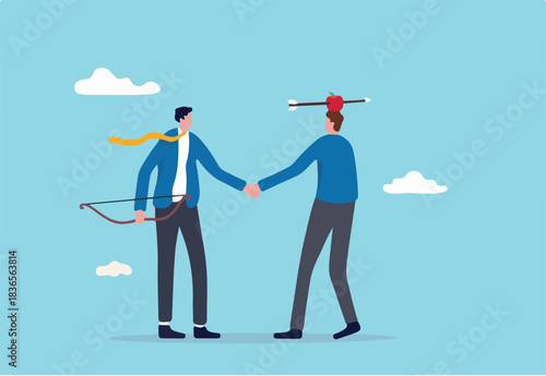 Trusted partner, believe and confidence in strong business relation, collaboration or trust alliance concept, businessmen shaking hands agreement after finished danger risky apple shot archery show