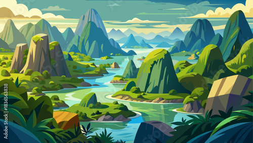 Panoramic view from Samet Nangshe Viewpoint in Phang Nga, Thailand, featuring dramatic limestone karsts, lush greenery, and calm waters. Ideal for travel photography, tourism promotion