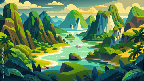 Panoramic view from Samet Nangshe Viewpoint in Phang Nga, Thailand, featuring dramatic limestone karsts, lush greenery, and calm waters. Ideal for travel photography, tourism promotion