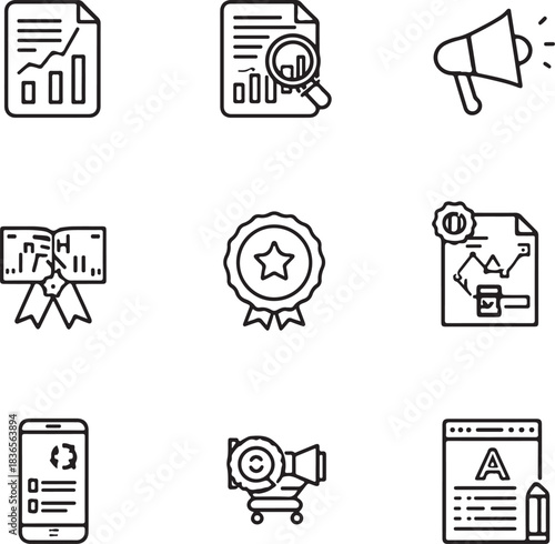 Digital marketing thin line icon set. Containing megaphone, advertising, online video, media social, mobile, goal or target.