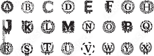 Holiday wreath letter A–Z typography ornaments, festive decorative silhouette vector set.
