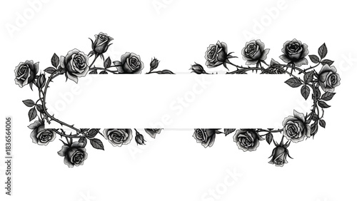 Elegant rectangular frame adorned with delicate grayscale roses and leaves creating a