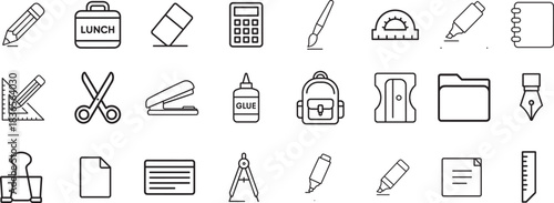   School supplies icon set with editable stroke lines, clean outline vector for education projects.