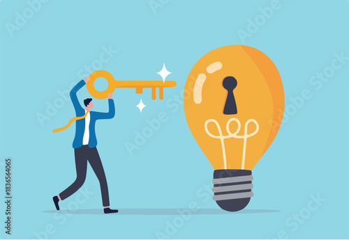 Unlock new business idea, invent new product or creativity concept, smart businessman holding golden key about to insert into key hold on lightbulb idea lamp.
