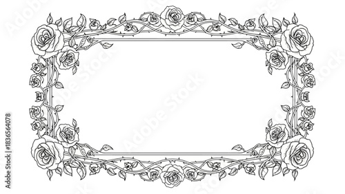 Elegant floral frame with roses and thorny vines for invitations and cards design
