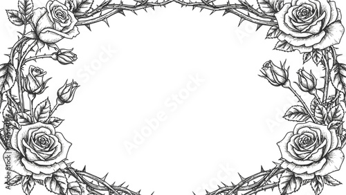 Elegant Monochrome Rose Frame with Thorny Branches for Decorative Design Projects