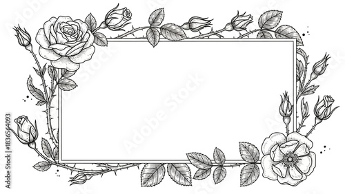 Elegant rose frame design element with beautiful hand drawn floral arrangement and rectangle space
