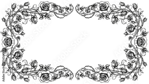 Elegant frame with roses and thorns in black and white for romantic designs