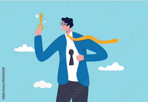 Unlock true potential, your ideal self to success in career or business, secret mind or skill to solve problem concept, confidence businessman holding golden key about to unlock keyhole on his shirt.