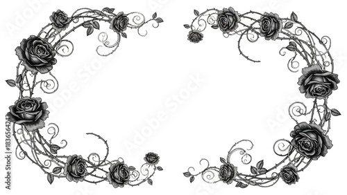 Elegant floral frame with black roses and thorns creating a delicate ornamentation of nature