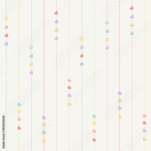 Cute heart and line arranged seamless pattern. Doodle heart with curly vertical line. Great for wallpaper, Valentine, wedding, textile, wrapping, fabric, stationery, and phone cases.