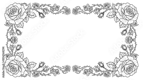 Elegant floral frame with roses and thorns for decorative invitations and designs
