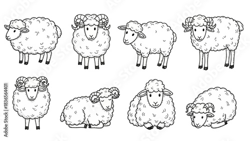 Adorable sheep collection hand drawn outline vector illustration in cartoon style perfect for kids