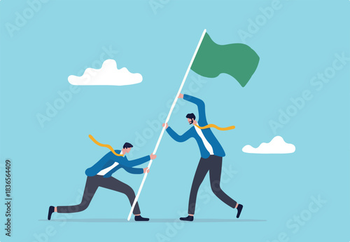 Team achievement, business challenge and victory or winner reaching goal and target concept, businessmen people teamwork or partnership helping raising winning flag.