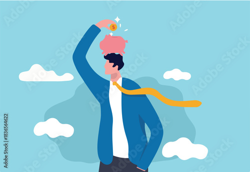 Pay yourself first, invest in yourself, take money for personal savings before pay for debt or buy and spending concept, smart young adult man putting money dollar coins into piggy bank on his head