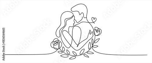 Singleline drawing of a couple hugging with flowers and heart