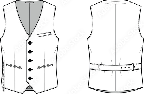 Men’s waistcoat technical flat, tailored vest CAD drawing, vector garment sketch design, formalwear clothing template, classic buttoned front apparel illustration