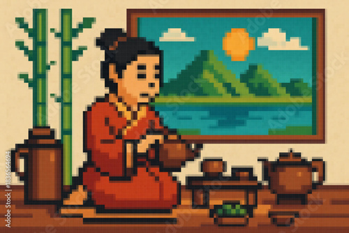 Pixel art tea ceremony. Retro, tea, plant icons in pixel style.