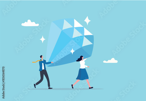 Core value or value proposition, CLV customer lifetime value or company valuation, profit or corporate worth concept, business people employees help carry big valuable diamond.