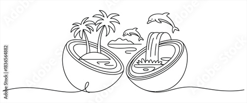 Tropical paradise islands with waterfall and dolphins design art concept