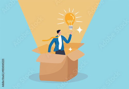 Think outside the box, creativity to create different business idea or motivation and innovation concept, smart businessman get out of paper box with new illumination lightbulb idea.
