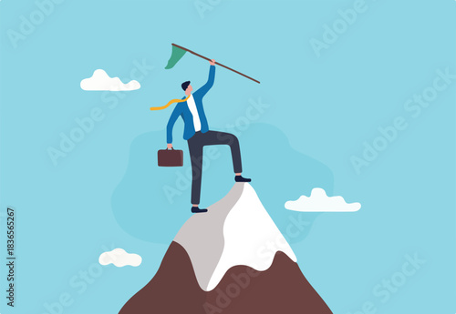 Business pioneer, conqueror be the first to explore success opportunity, achievement or new market segment, exploration concept, confidence businessman holding winner flag on top of mountain peak.