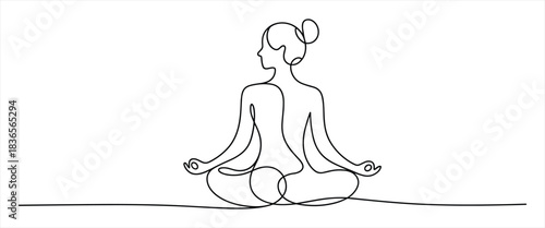 Woman practicing yoga in lotus position with oneline drawing style