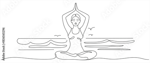 Yoga wellness mental health woman meditating on a beach oneline