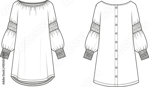 Girls long-sleeve blouse technical flat sketch with smocked sleeves, curved hem, and back button placket detailed vector sewing pattern illustration