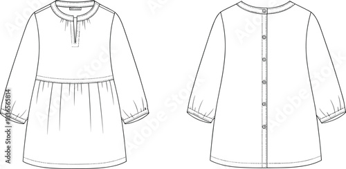 Children's long-sleeve dress technical flat sketch with front and back view, detailed sewing pattern line art illustration for apparel designers