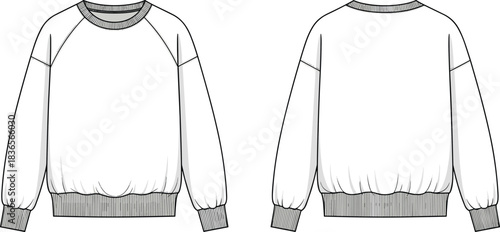 Sweatshirt CAD, technical flat sketch with raglan sleeves, rib cuffs, rib hem, relaxed fit pullover, kidswear garment design illustration