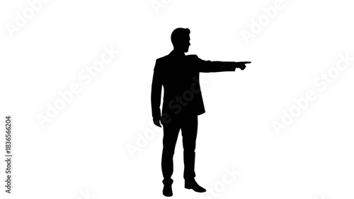 Confident businessman silhouette pointing right against a deep black background perfect for minimalist presentations or design overlays