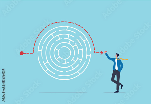 Workaround or solution to bypass problem or difficulty, creativity to overcome obstacle or solving business problem, avoiding path concept, businessman genius draw workaround line to solve labyrinth