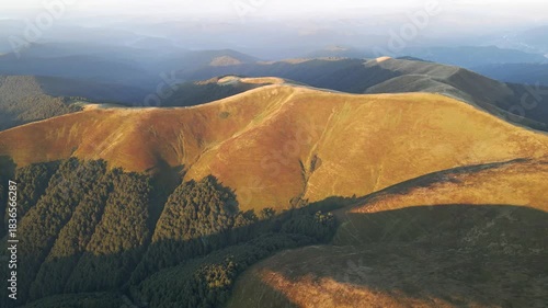 Carpathian mountains ridge at golden hour aerial landscape view