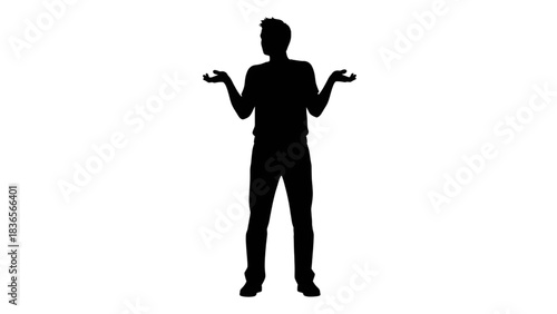 Minimalist silhouette of a person shrugging with arms out in confusion against stark black background